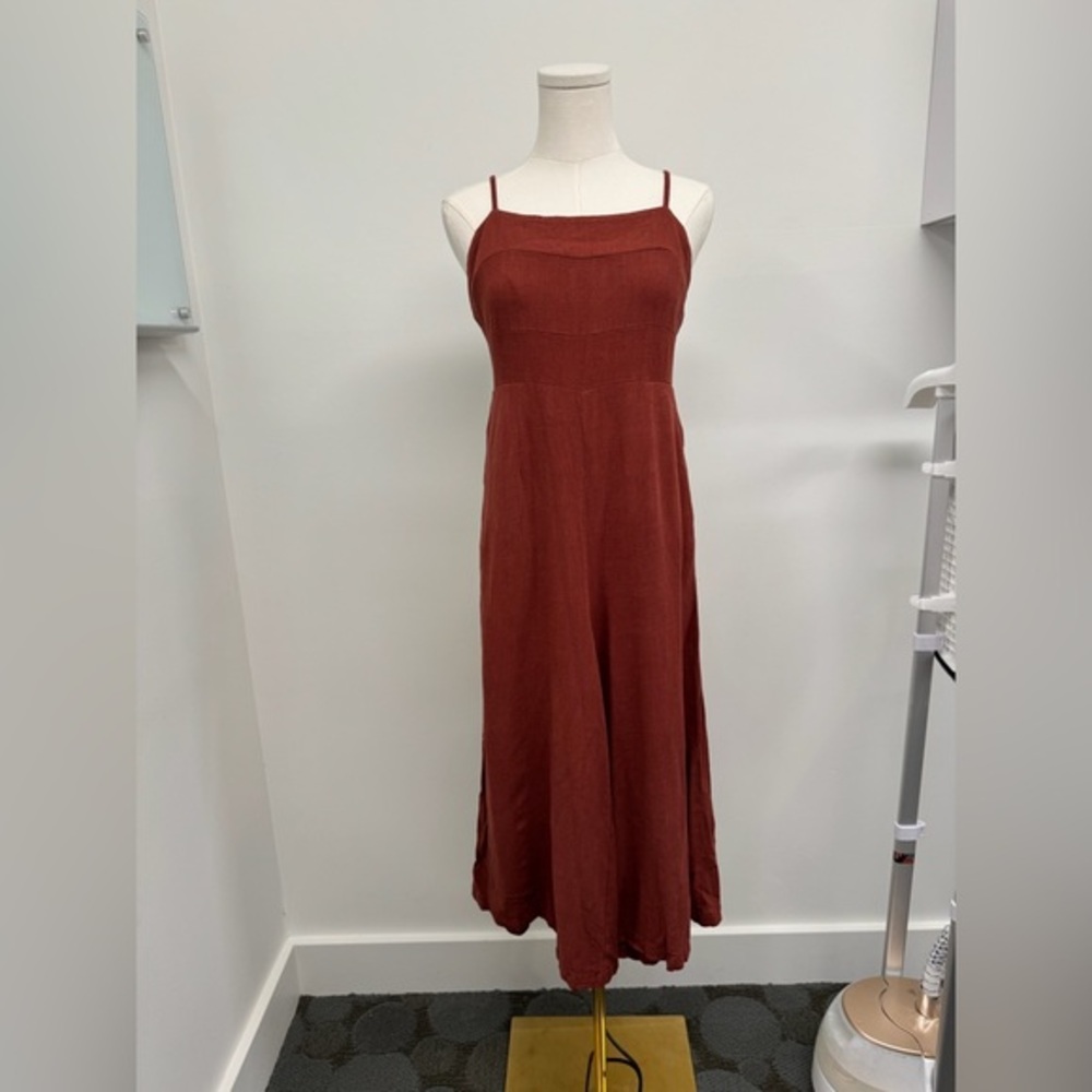 Burnt Orange Spaghetti Strap Wide-Leg Jumpsuit with Tie-Back – Size M